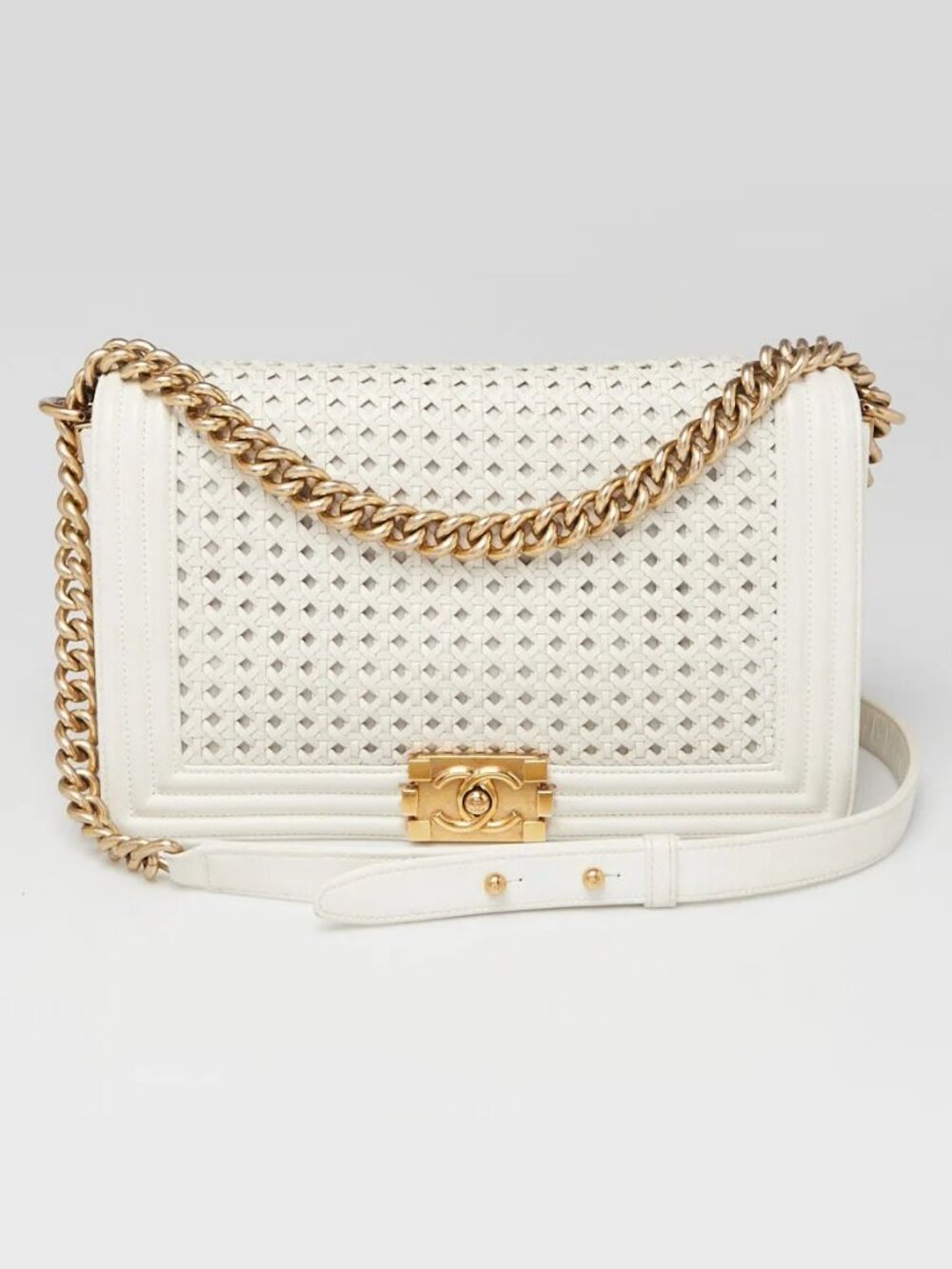 Chanel White Braided Sheepskin Leather Braided New Medium Boy Bag